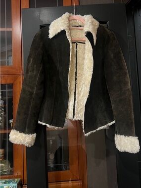 Women's Express  Dark Brown Suede Shearling Jacket with Cream Fur Trim